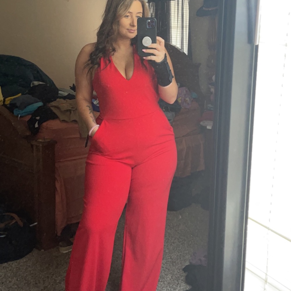 Express red v-neck jumpsuit criss cross back